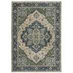 HomeRoots 508049 6 x 9 ft. Blue Gray Beige Tan Green & Gold Oriental Power Loom Stain Resistant Rectangle Area Rug with Fringe