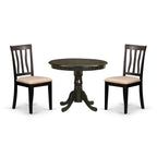 East West Furniture ANTI3-CAP-C 3 Piece Dining Room Table Set Contains a Round Kitchen Table with Pedestal and 2 Linen Fabric Upholstered Dining Chairs, 36x36 Inch, Cappuccino