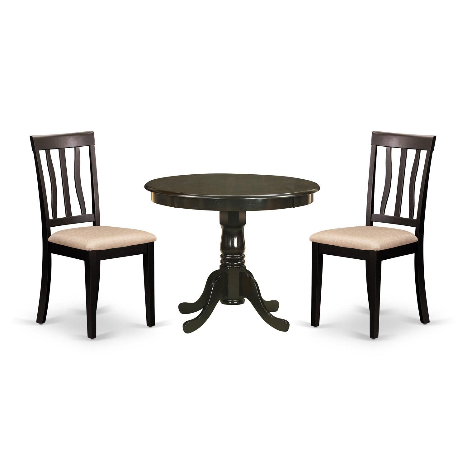 East West Furniture ANTI3-CAP-C 3 Piece Dining Room Table Set Contains a Round Kitchen Table with Pedestal and 2 Linen Fabric Upholstered Dining Chairs, 36x36 Inch, Cappuccino