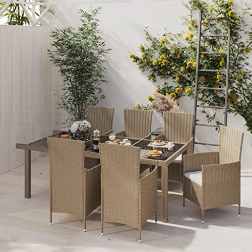 vidaXL 7 Piece Outdoor Dining Set - Stylish Patio Furniture with Powder Coated Steel Frame, Cream White Cushions, PE Rattan, Beige and Black - Easy Assembly, Great for Garden, Patio, Outdoor Living