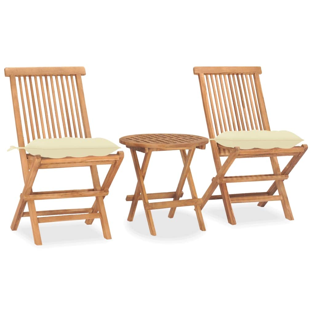 vidaXL 3 Piece Folding Patio Dining Set with Cream Cushions - Solid Teak Wood, Water-Proof, Round Table and Two Foldable Chairs for Garden, Terrace, Deck, Outdoor Space