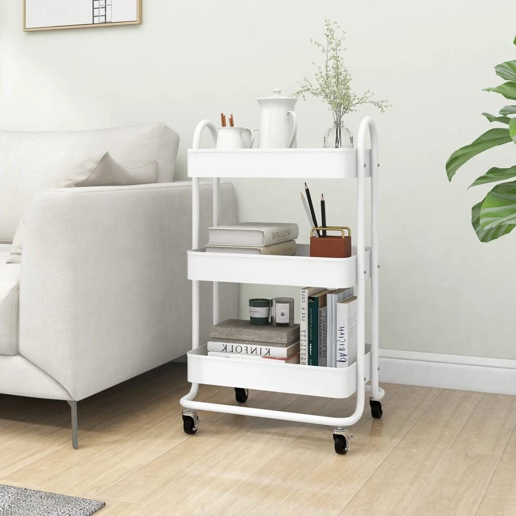 vidaXL 3-Tier Steel Trolley in White - Ample Storage Space, Flexible Wheels for Easy Movement, Ideal for Office, Beauty Supplies, and Kitchen Essentials