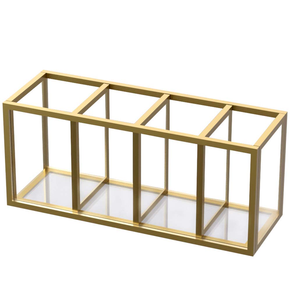 Niubee Acrylic Pen Holder 4 Compartments, Gold Copper Border Pencil Organizer Cup For Countertop Desk Accessory Storage