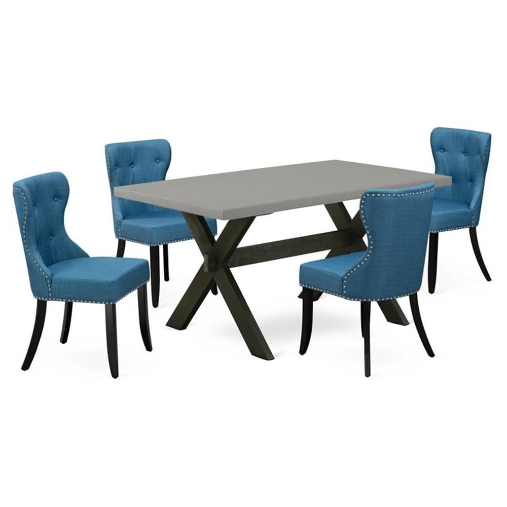 East West Furniture X696Si121-5 5 Piece Dining Room Furniture Set Includes A Rectangle Dining Table With X-Legs And 4 Blue Linen Fabric Upholstered Chairs, 36X60 Inch, Multi-Color