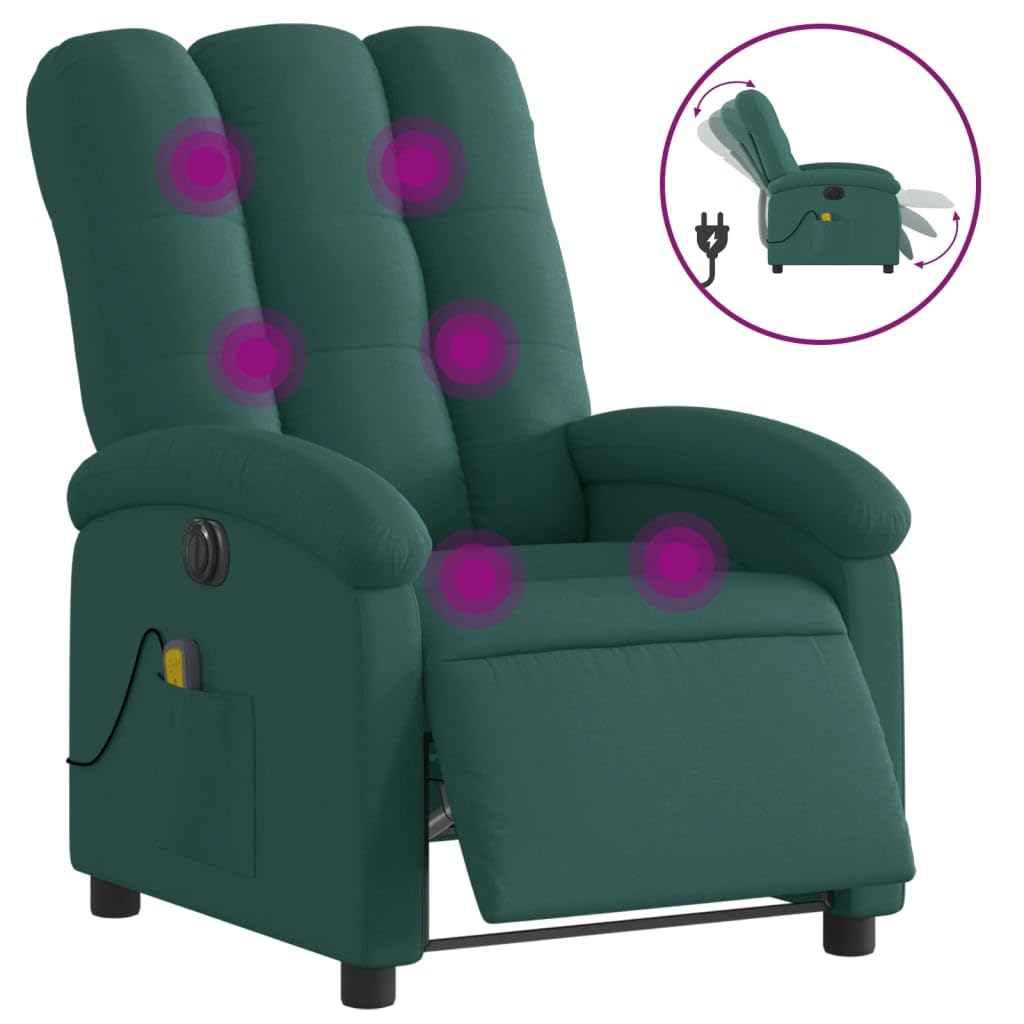 vidaXL Electric Massage Recliner Chair - Dark Green Fabric, Adjustable Backrest/Footrest, Vibration Massage, Side Pocket, for Living Room Study