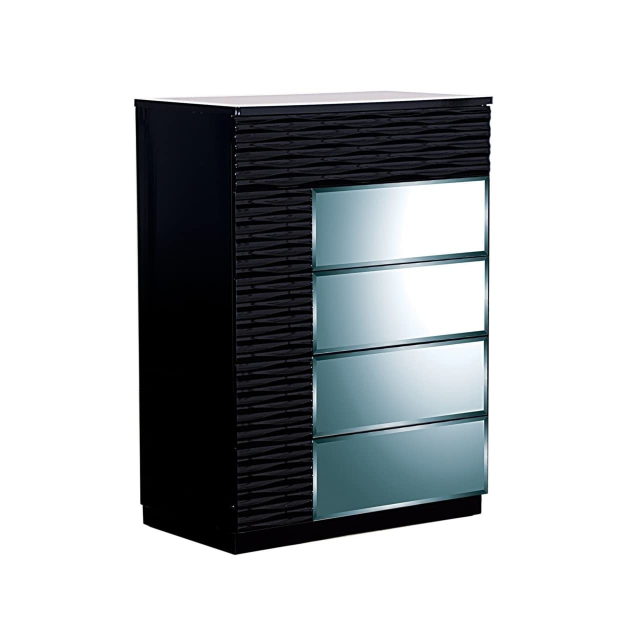 HomeRoots Rubberwood Modern Black Chest with Geometric Designed Panels 5 Drawers