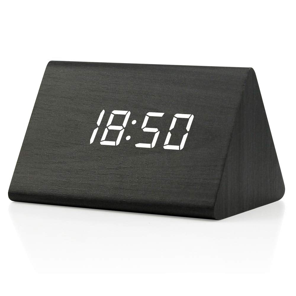 GEARONIC Digital Alarm Clock Wooden Alarm Clock Wood Modern Triangle Alarm Digital Desk Clock, Displays Time Date Temperature Ca