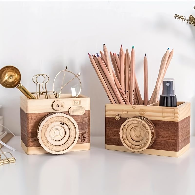 1Pc Wooden Unique Pen Holder, Retro Camera Learning Stationery Pencil Holder For Student, Office And Home Small Item Storage Dec