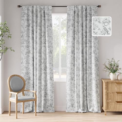 Jinchan 100% Blackout Floral Curtains 96 Inches Long, Printed Flower Grey Blackout Curtains For Bedroom Rod Pocket Back Tab Full Blackout Curtains Thermal Insulated Window Drapes, 2 Panels Gray