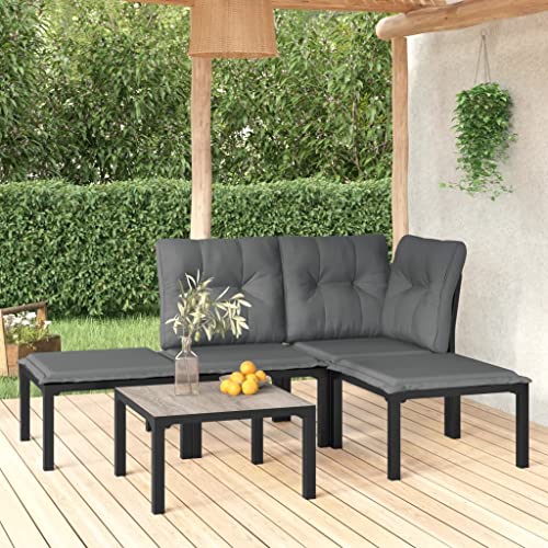 vidaXL Patio Lounge Set 5 Piece, Outdoor Patio Furniture with Coffee Table, Conversation Set with Footstool, Modern Style, Black and Gray Poly Rattan