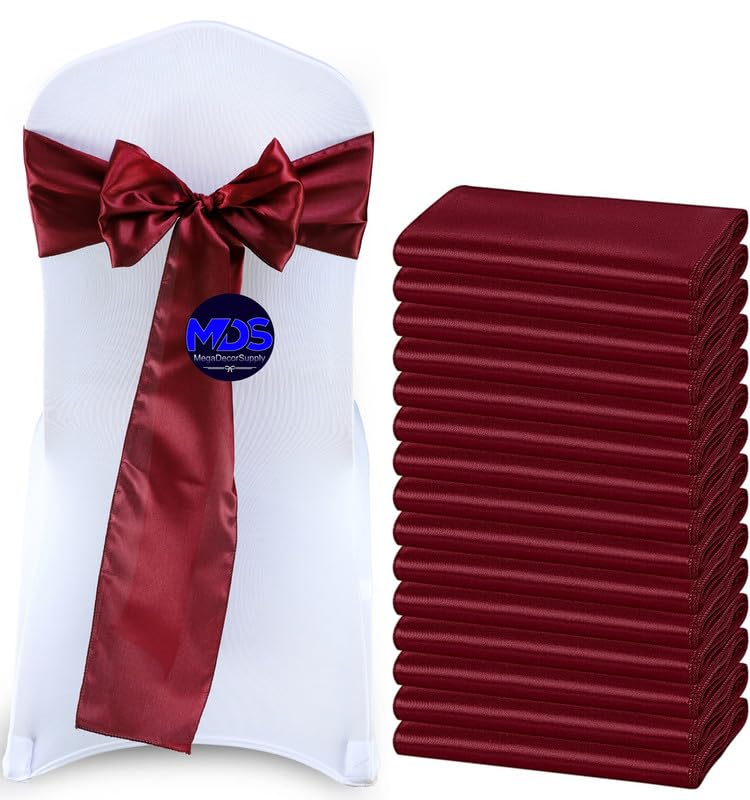 Mds Pack Of 200 Pcs Satin Chair Sashes Charmeuse Sateen Dining Chair Bows Ribbon Ties Back Sash For Wedding Party Birthday Home Hotel Restaurant Banquet Decoration (7 X 108 Inch, Burgundy)