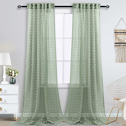 Koufall Sage Green Sheer Drapes Curtains 102 Inches Long For Living Room With Pom Pom Designer Patterned Curtains For Bedroom Window Set Of 2 Pieces,52X102 Inch Length