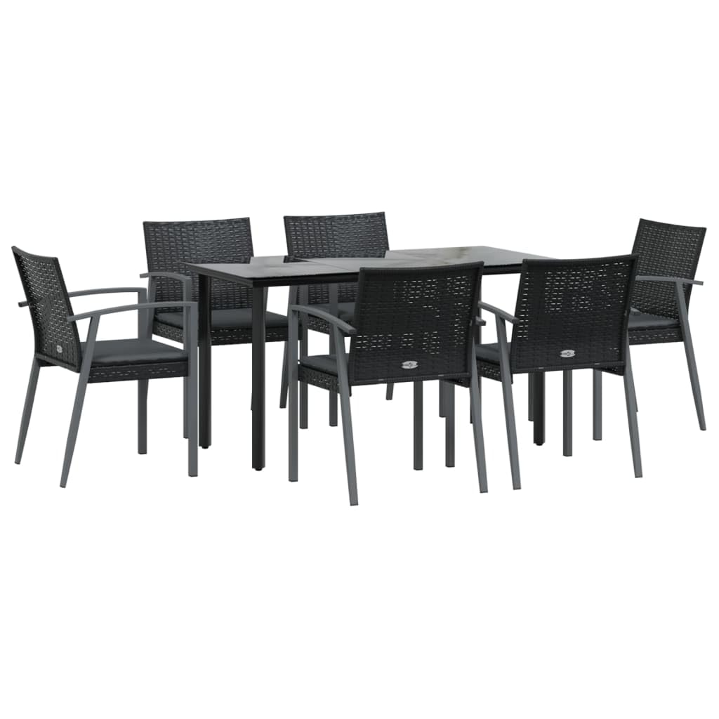 Vidaxl Modern 7-Piece Black Patio Dining Set - Weather-Resistant Poly Rattan And Steel, Easy-To-Clean Tempered Glass Tabletop