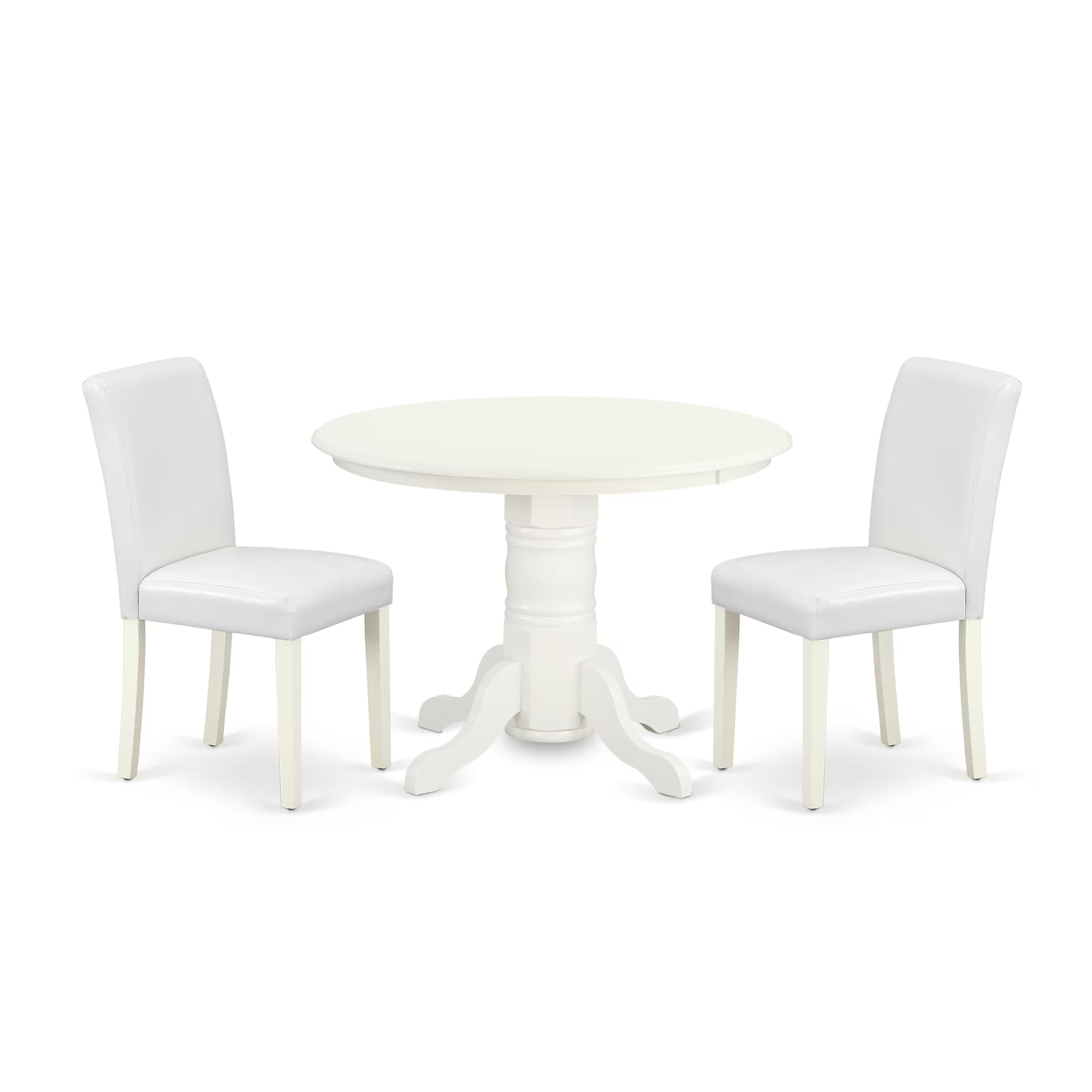 East West Furniture Shab3-Lwh-64 3 Piece Dining Room Table Set Contains A Round Wooden Table With Pedestal And 2 White Faux Leather Upholstered Parson Chairs, 42X42 Inch, Linen White