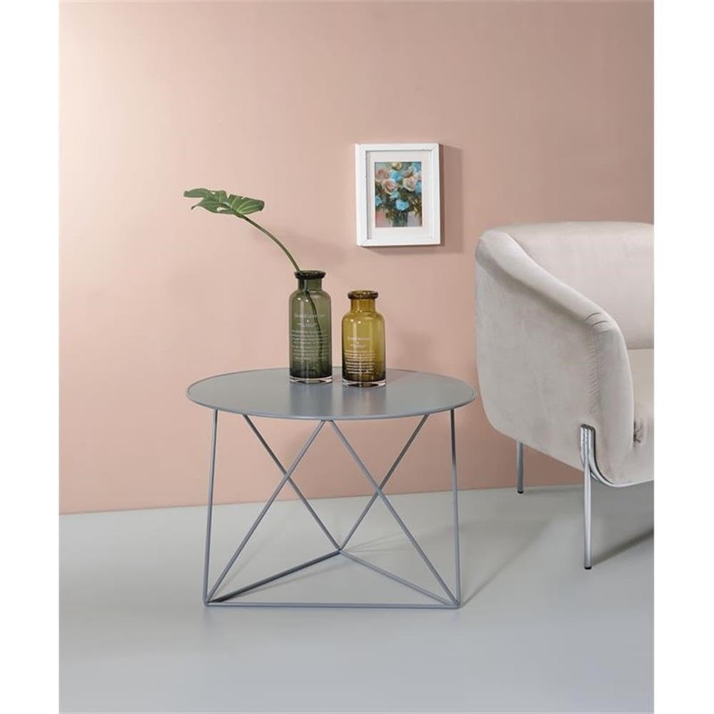 Acme Epidia Metal Accent Table with Round Top and Geometric Base in Gray