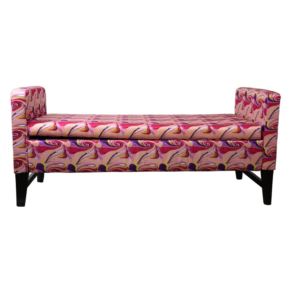 HomeRoots Pink/Purple Wood, Polyurethane Foam: 97%, Polyester Fabric: 3% Modern Hot Pink and Purple Abstract Print Storage Bench