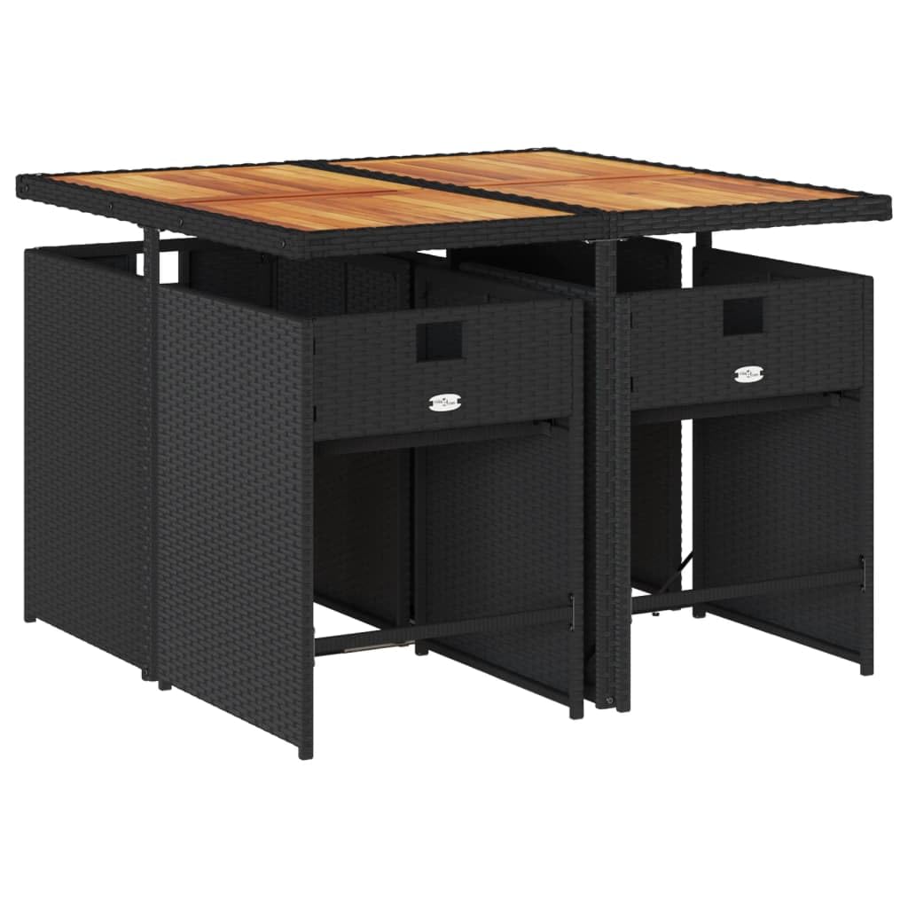 vidaXL Patio Dining Set with Cushions - 5 Piece Black Poly Rattan and Acacia Wood Table, Foldable Chairs with Cream Cushions, Outdoor Garden/Backyard/Patio