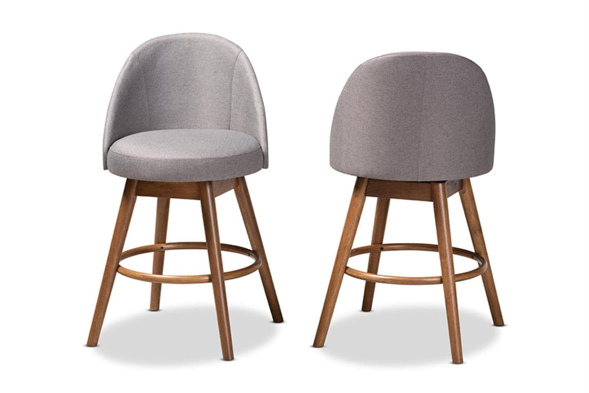 Baxton Studio Carra Mid-Century Modern Grey Fabric Upholstered Walnut-Finished Wood Swivel Counter Stool (Set of 2)