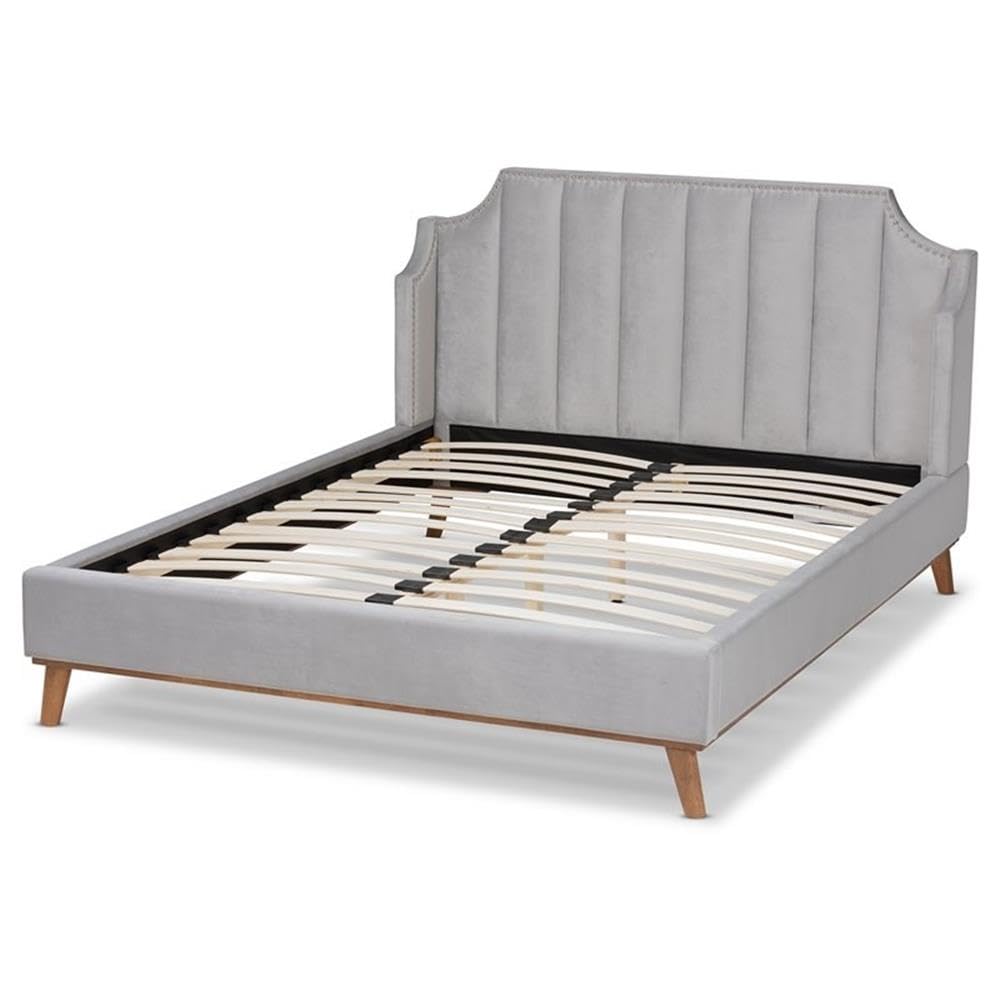Baxton Studio Adelie Modern Glam Light Grey Velvet Fabric Upholstered Walnut Brown Finished Wood King Size Wingback Platform Bed