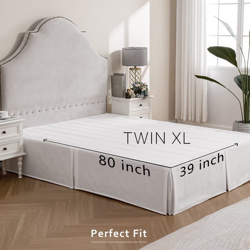 Miye Pleated Waffle Weave Bed Skirt, Tailored Dust Ruffle 18 Inch Drop Easy Fit, Machine Washable (White, Twinxl - 18'' Drop)