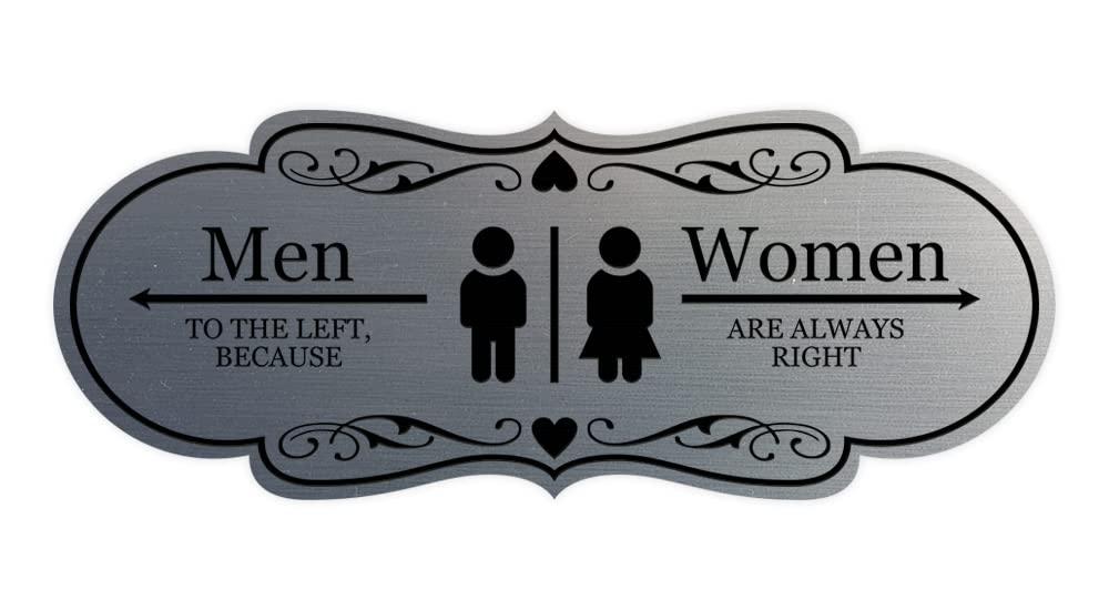 Designer Men To The Left, Because Women Are Always Right, Restroom Sign (Brushed Silver) - Large