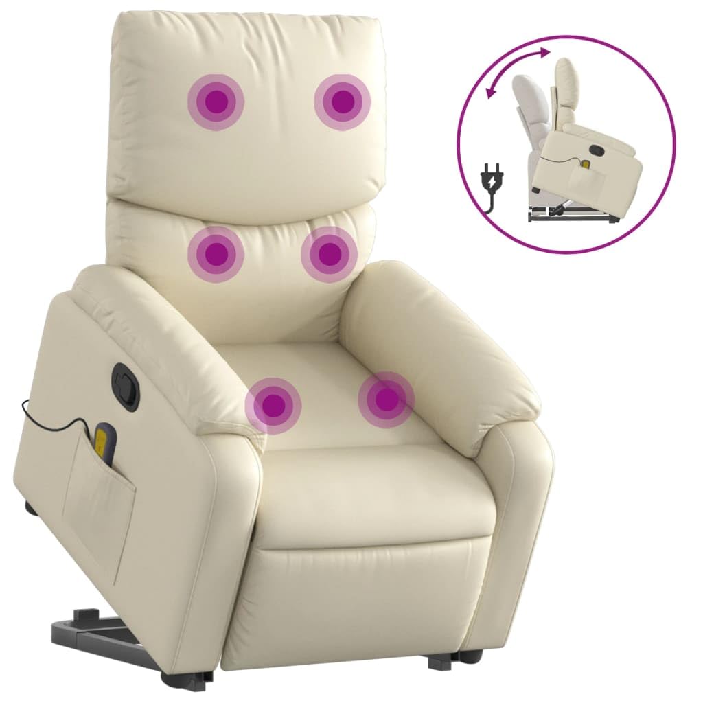 vidaXL Cream Faux Leather Stand Up Massage Recliner - Power Lift Armchair, 135-Degree Manual Recline, Vibration Massage Feature for Living Room, Office, and Bedroom Comfort