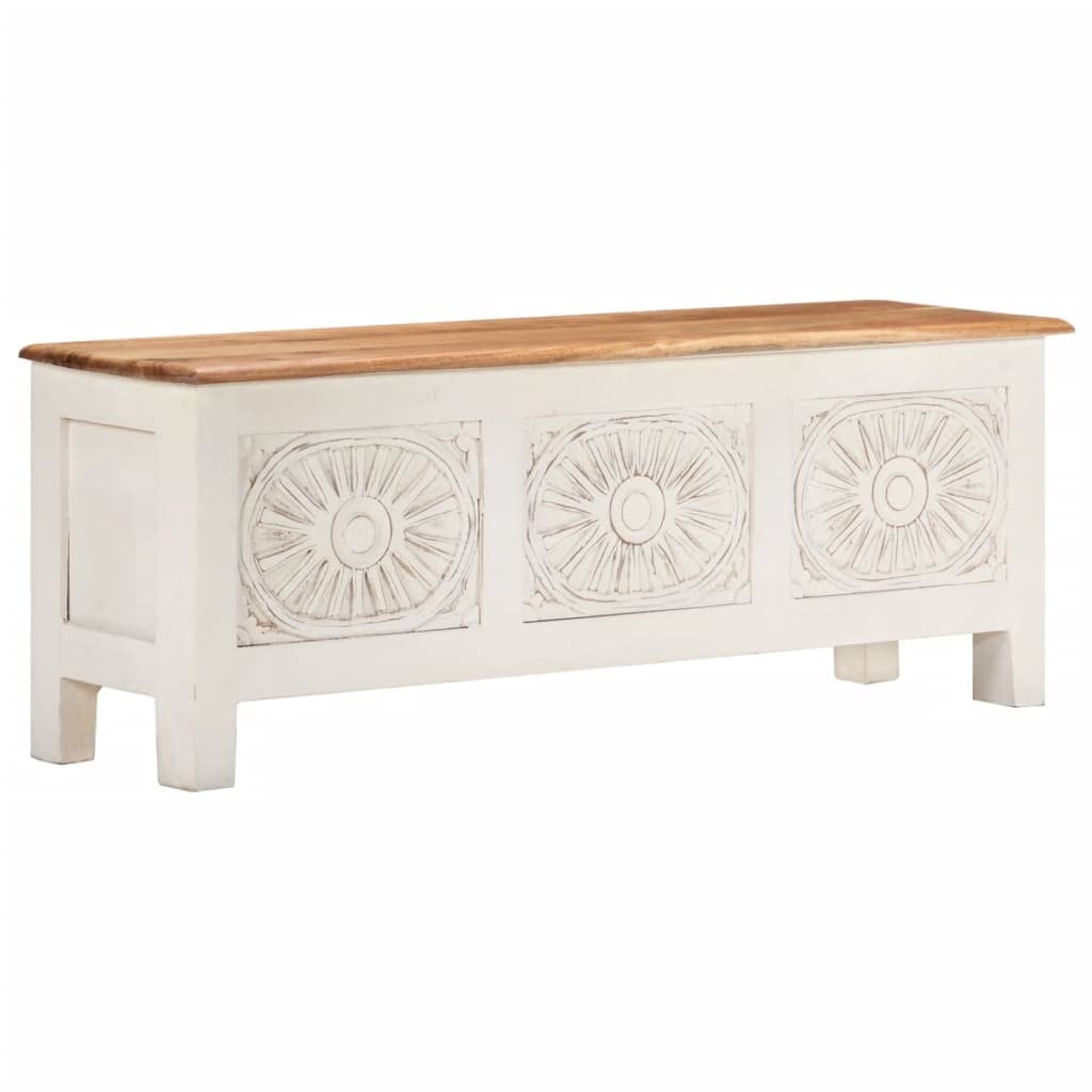 vidaXL Solid Wood Acacia Storage Box with Hand-Carved Patterns - White Wooden TV Cabinet/Sideboard with 1 Cabinet - 43.3&quot;x11.8&quot;x15.7&quot;