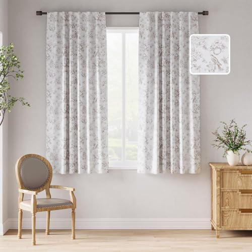 Jinchan 100% Blackout Floral Curtains 63 Inch Length, Printed Flower Taupe Blackout Curtains For Bedroom Rod Pocket Back Tab Full Blackout Curtains Thermal Insulated Window Drapes, 2 Panels Taupe