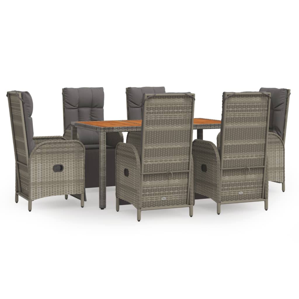 vidaXL 7-Piece Outdoor Patio Dining Set with Cushions - Weather- Gray Poly Rattan Construction - Reclining Function for Comfort 