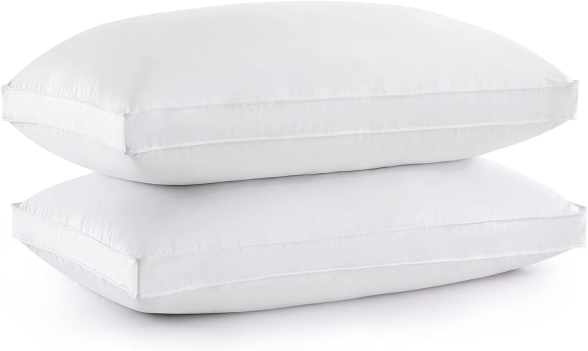 Goose Down Feather Pillows With 100% Cotton Cover, Queen Size Gusseted Bed Hotel Collection Pillows For Sleeping, Set Of 2