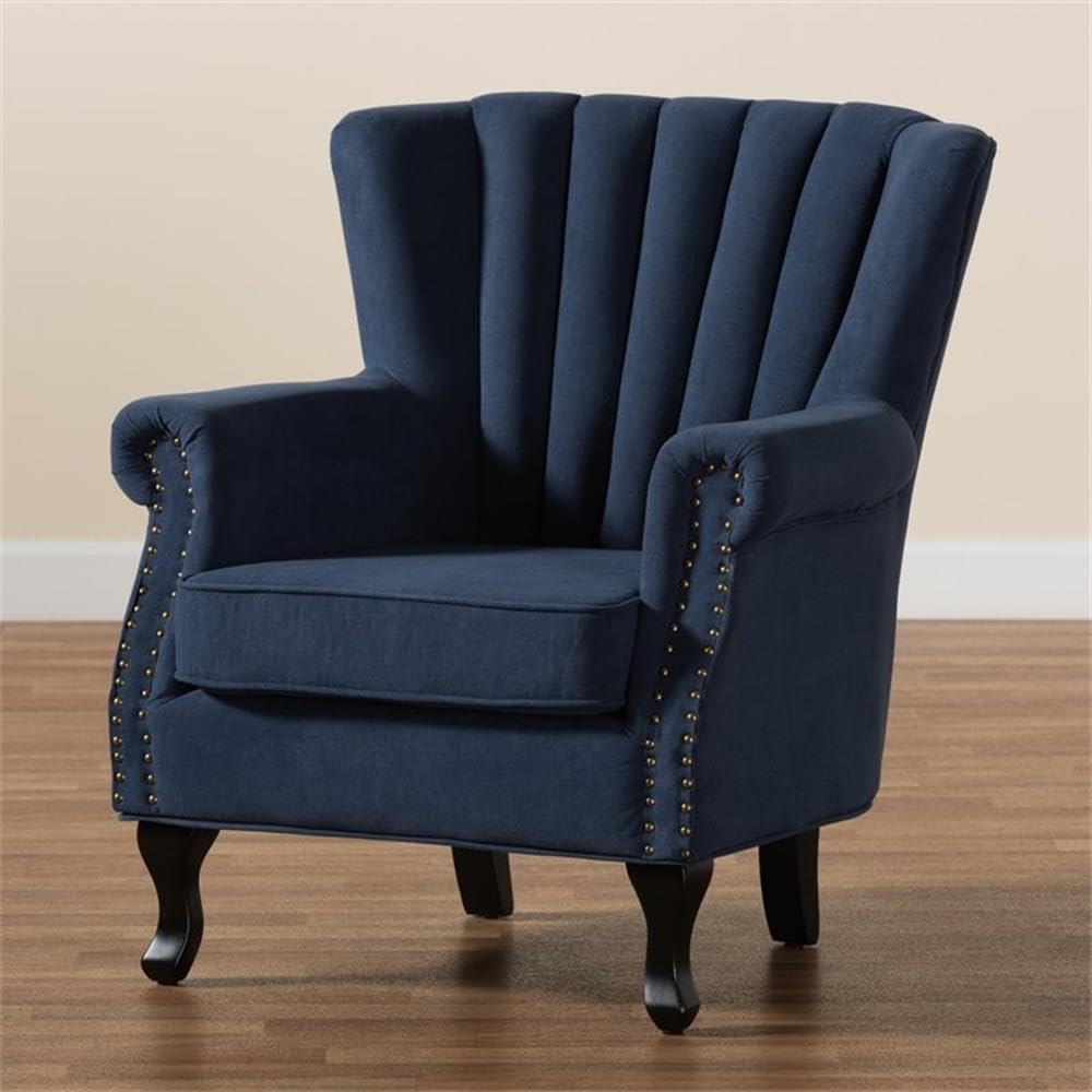 Baxton Studio Relena Classic and Traditional Navy Blue Velvet Fabric Upholstered and Dark Brown Finished Wood Armchair,30.9 x 32.3 x 34.3
