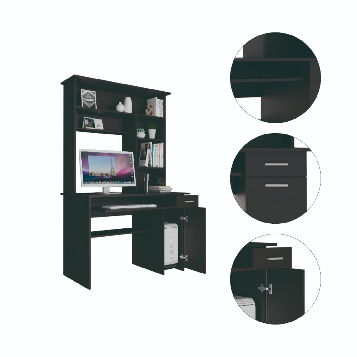 Xalo 180 Compu Hutch Desk, Keyboard Tray, Door Panel for CPU, Multiple Shelves, 1 Drawer, Black