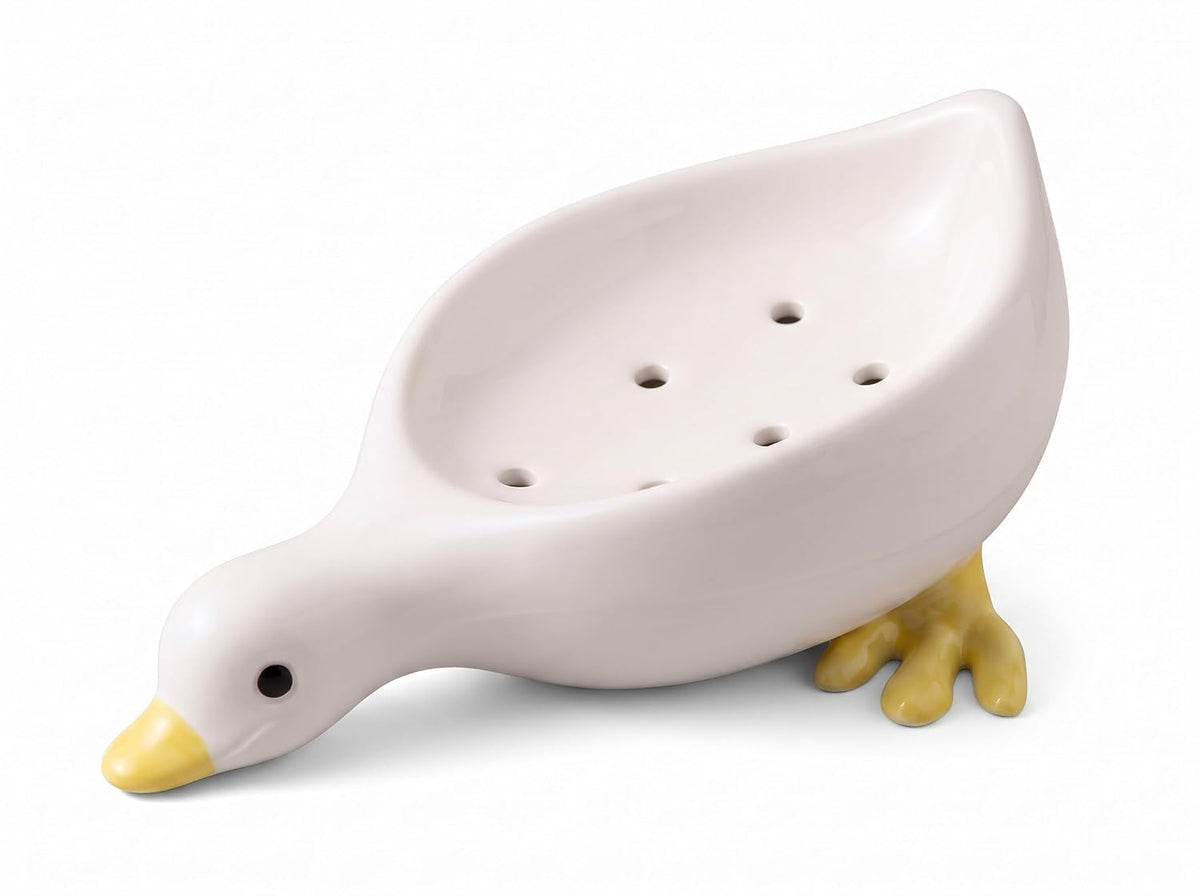 Duck Shape Soap Holder with Drain Tray  Plastic Self Draining Soap Dish Bathroom Sink Organizer with Water Drain Holes, Cute Ca