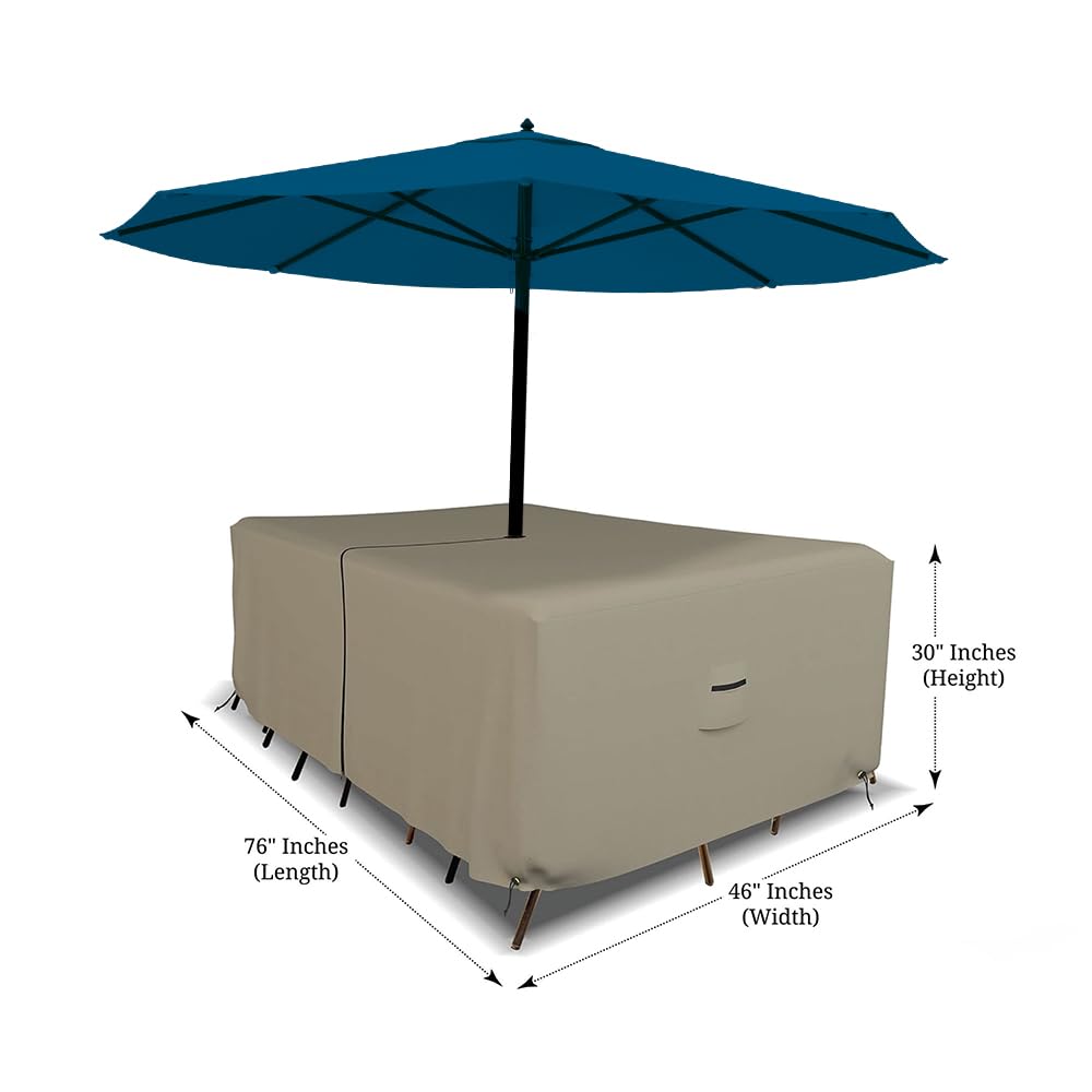 Covers & All Rectangle Table & Chair Set Cover, Umbrella Hole, 12 Oz Waterproof Uv & Weather Resistant, Patio Lawn Garden Backyard Furniture, Air Vents & Drawstrings (76''L X 46''W X 30''H, Beige)