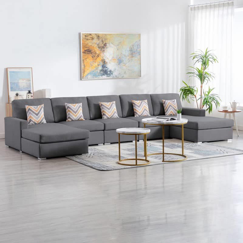 Lilola Home Nolan Gray Linen Fabric 5Pc Double Chaise Sectional Sofa with Pillows and Interchangeable Legs