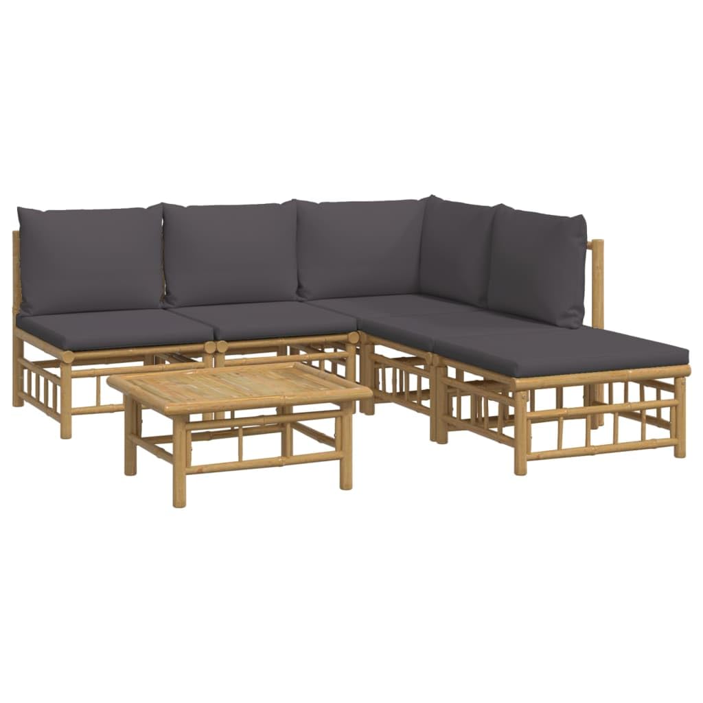 vidaXL Bamboo Patio Lounge Set, 6 Piece Outdoor Furniture with Dark Gray Cushions, Modular Garden Sofa Set with Sturdy Table