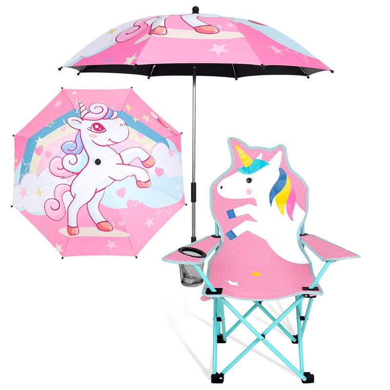 KABOER Kids Unicorn Pattern Outdoor Folding Camping Chair with Cup Holder and Carrying Bag and Umbrella Bag for Beach Picnic Cam