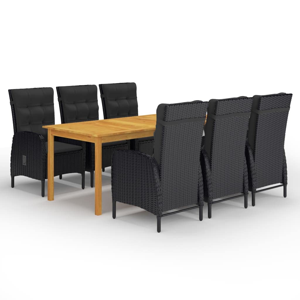 vidaXL 7-Piece Outdoor Patio Dining Set - Black PE Rattan Chairs and Solid Acacia Wood Table - Weather-Resistant with Cushions
