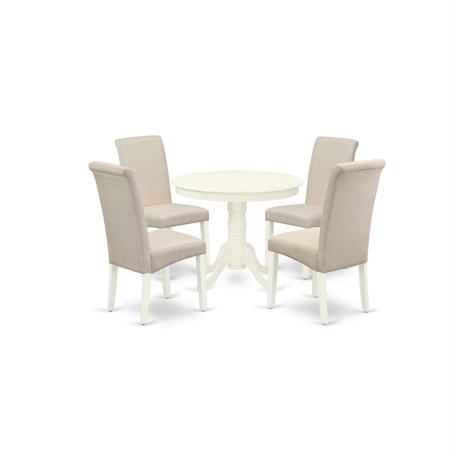 East West Furniture Anba5-Lwh-01 5 Piece Modern Dining Table Set Includes A Round Kitchen Table With Pedestal And 4 Cream Linen Fabric Parsons Dining Chairs, 36X36 Inch, Linen White