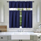 3Pc Set Solid Faux Silk Lined Blackout Rod Pocket Small Kitchen Window Curtain with Valance (K3) (Navy Blue)