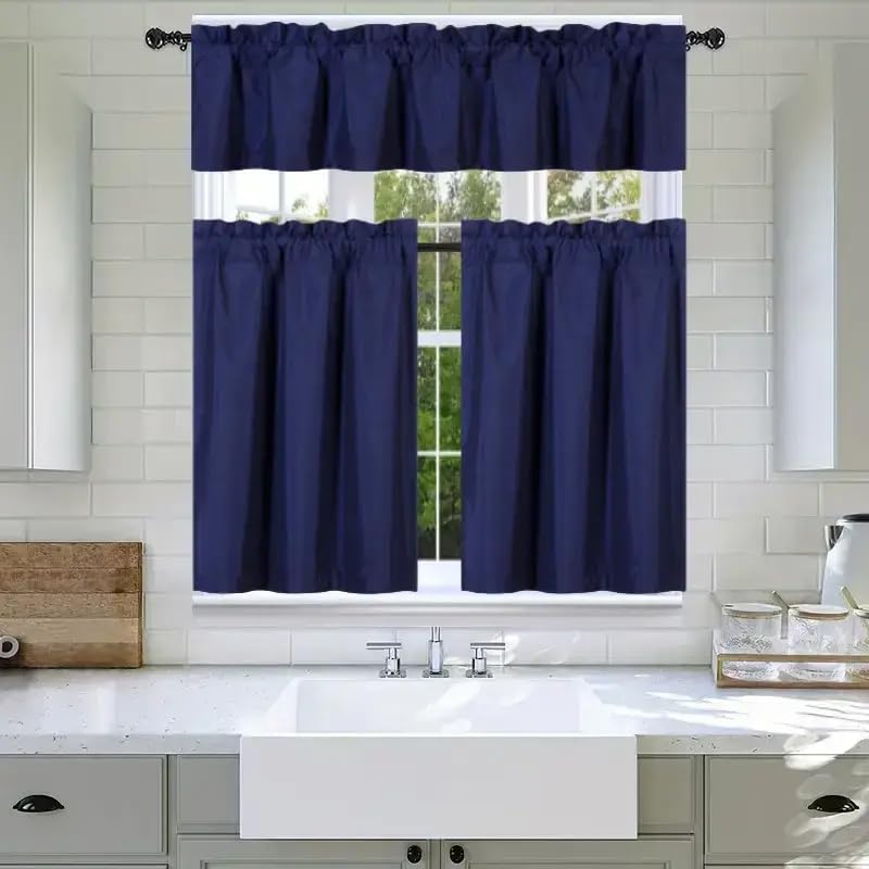 3Pc Set Solid Faux Silk Lined Blackout Rod Pocket Small Kitchen Window Curtain with Valance (K3) (Navy Blue)