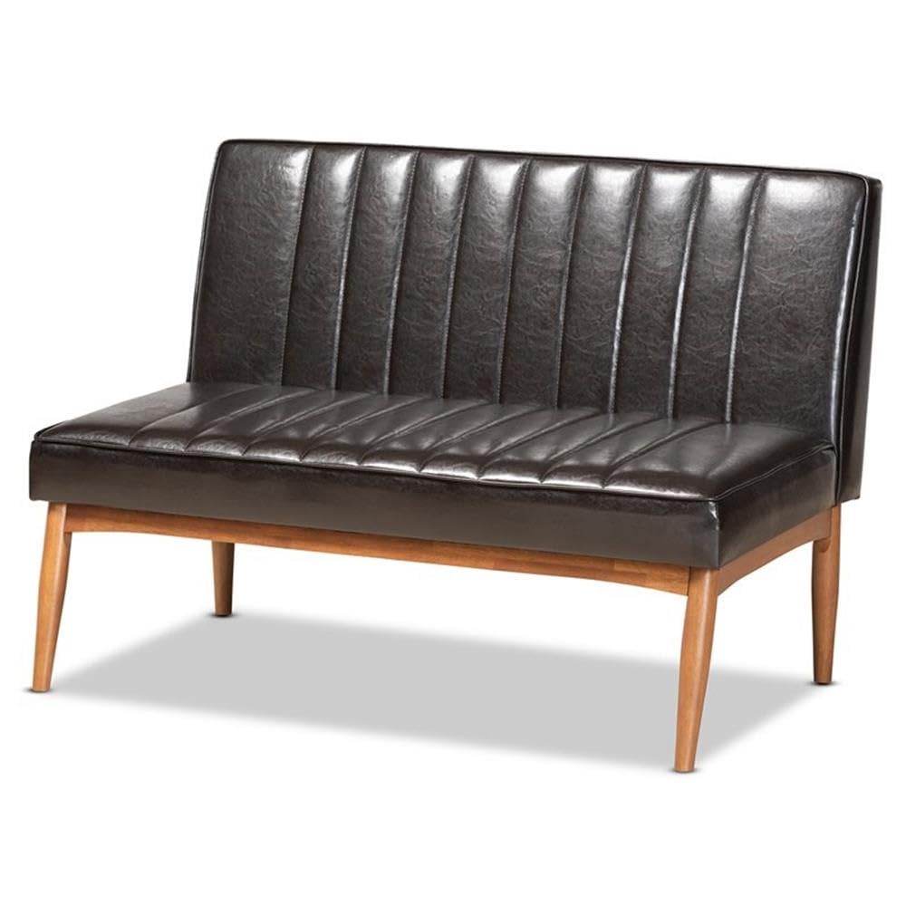 Baxton Studio Daymond Mid-Century Modern Dark Brown Faux Leather Upholstered and Walnut Brown Finished Wood 2-Piece Dining Nook Banquette Set