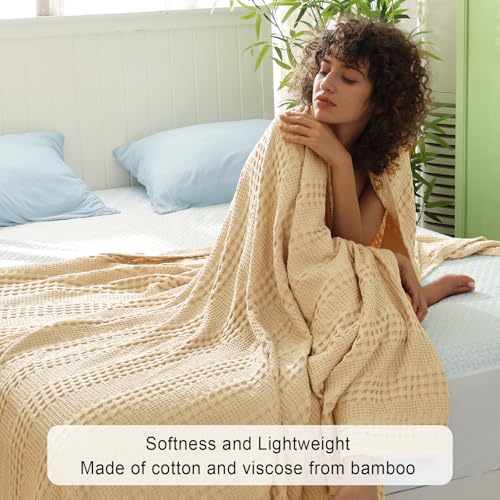 Phf Cooling Waffle Blanket Twin Size, Lightweight 60% Rayon Derived From Bamboo & 40% Cotton Breathable Blanket For Hot Sleepers, Soft And Luxury For Bed Couch And Sofa, 66'X90', Beige