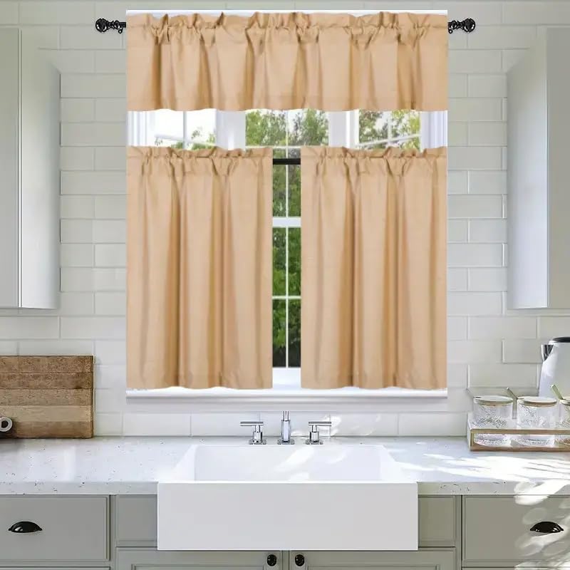 3Pc Set Solid Faux Silk Lined Blackout Rod Pocket Small Kitchen Window Curtain With Valance (K3) (Gold)