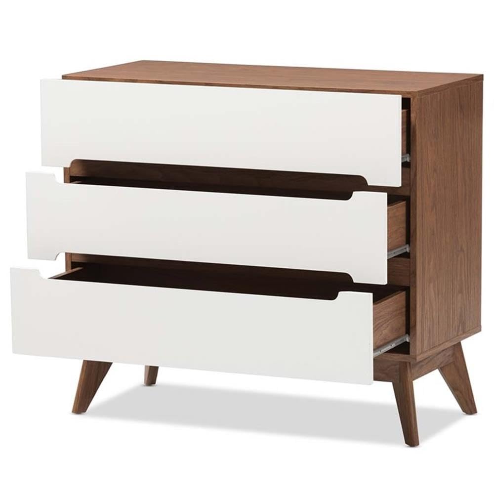 Baxton Studio Calypso Mid-Century Modern White and Walnut Wood 3-Drawer Storage Chest/Mid-Century/Particle Board/MDF with PU Paper/White/Walnut Brown
