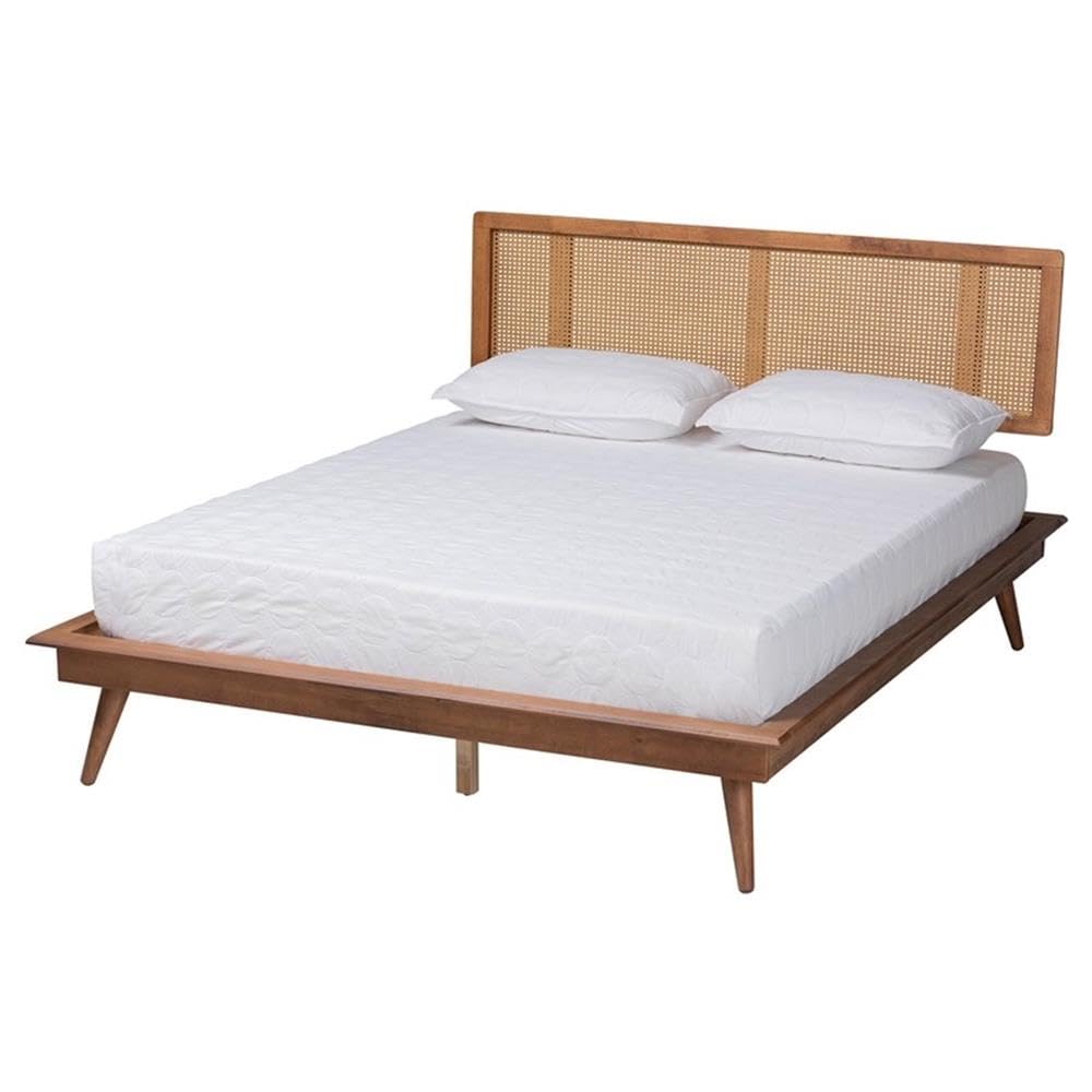 Baxton Studio Nura Mid-Century Modern Walnut Brown Finished Wood And Rattan Full Size 3-Piece Bedroom Set