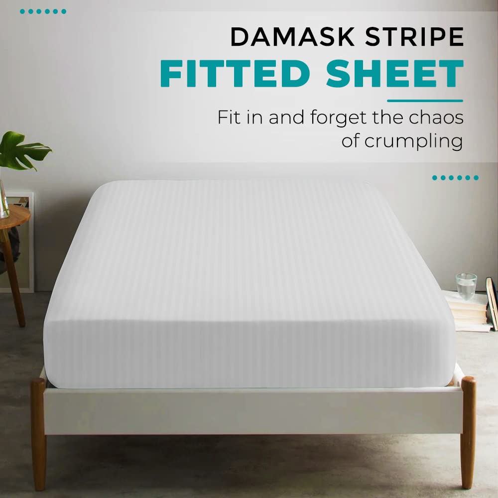 Feather & Stitch 100% Cotton 1 Piece Damask Stripe Twin Fitted Sheet 500 Thread Count White 18 Inch Extra Deep Pocket Luxury Sateen Weave Stretchable Boxer Elastic Fits Mattress Perfectly