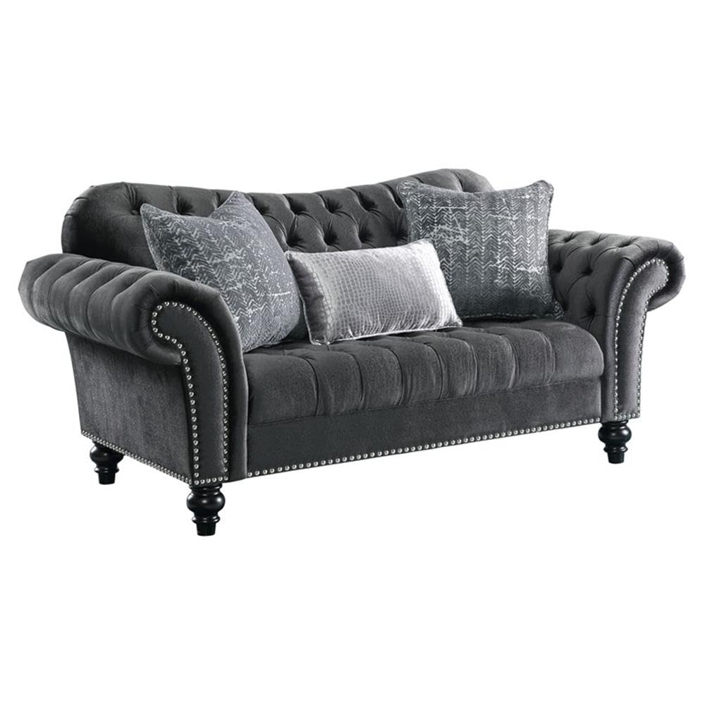Acme Gaura Velvet Tufted Loveseat with Nail-Head Trim in Dark Gray