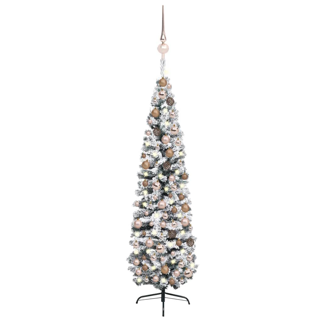 Vidaxl Slim Artificial Pre-Lit Christmas Tree With Led Lights And Ball Set - Green With Rose Gold Ornaments - 94.5&quot; Tall, 24&quot; Diameter