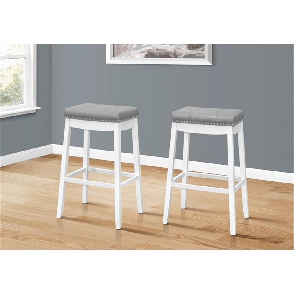 Monarch Specialties I 1262 Bar Stool, Set of 2, Bar Height, Saddle Seat, Wood, Pu Leather Look, White, Grey, Transitional